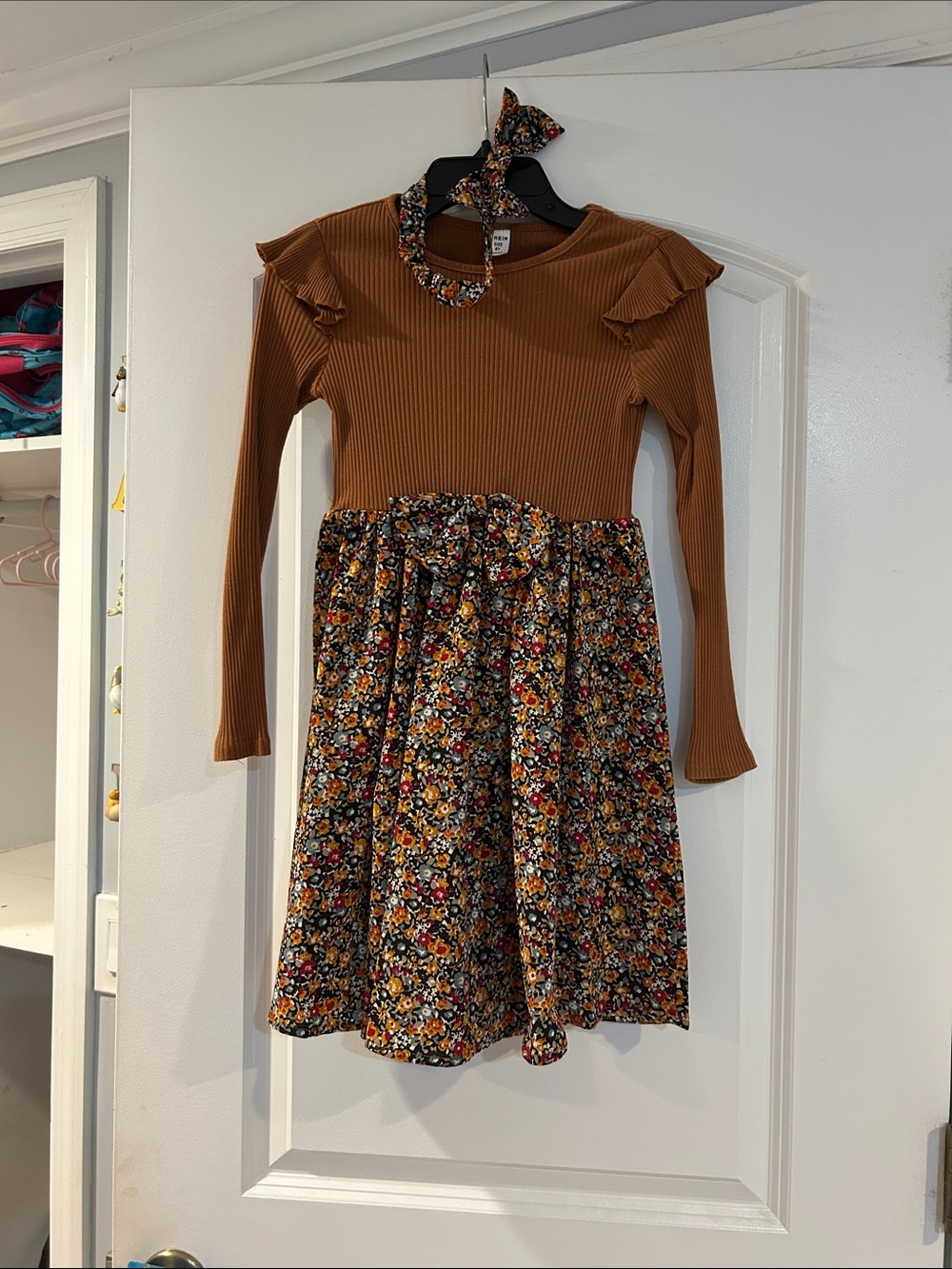 SHEIN Rust Long-Sleeve Floral Skirt Dress with Headband